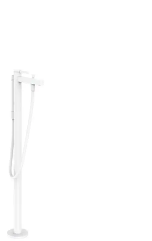 Bodenstehender Wannenmischer in mattem Weiß mit schlankem Design und flexibler Auslaufarmatur, hergestellt von Hansgrohe.